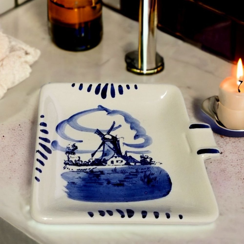 Delft Blue Square Ashtray Vintage Collectible Hand Painted Windmill Trinket Dish
